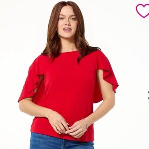 NWT IMAN Global Chic Red Overlapping Flutter Sleeve Top